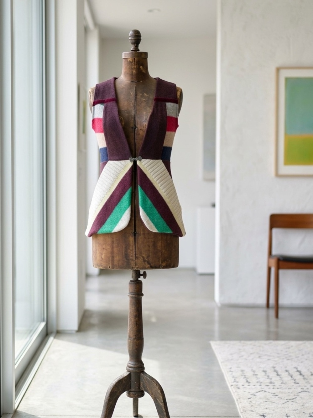 Upcycled Made in Canada Striped Knit Peplum Vest with Deep V - Multicolor